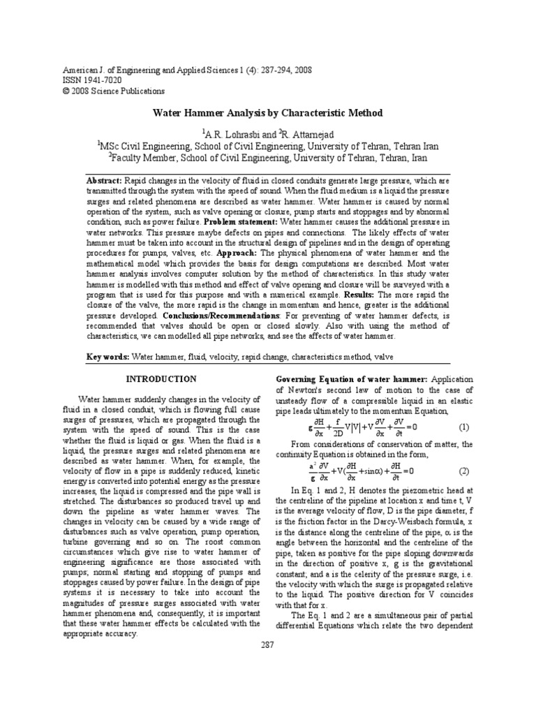 Water Hammer Analysis by Characteristic Method | PDF