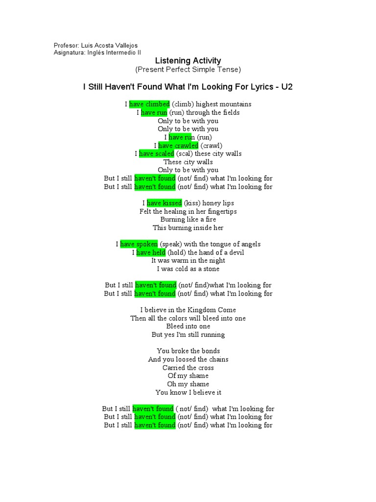 Present Perfect Listening Activity U2 Song