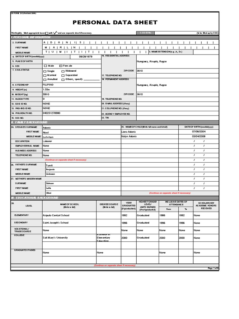 Personal Data Sheet Template | PDF | Government | Social Institutions