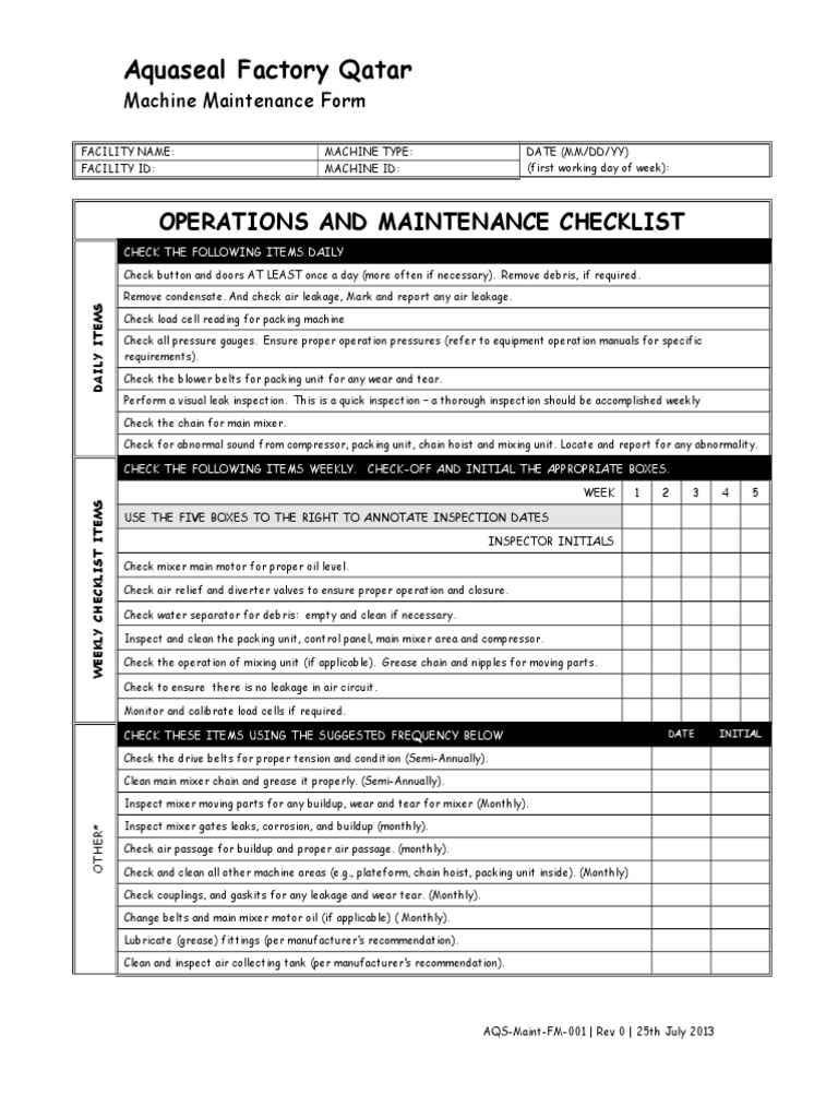 Aquaseal Factory Maintenance Checklist | PDF | Business