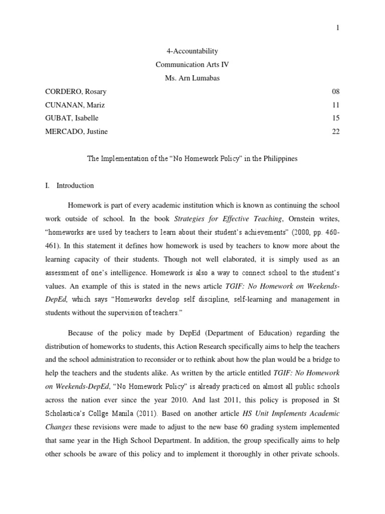 Sample position paper about no homework policy image