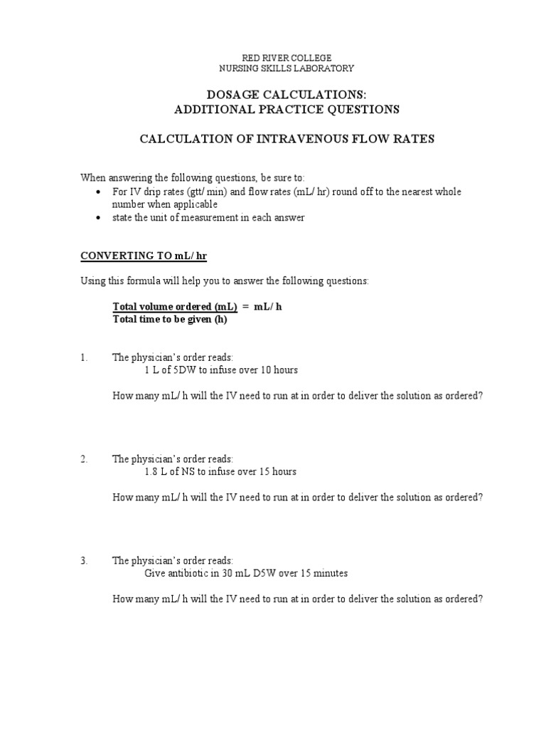 IV Flow Rate Calculation Guide | PDF | Intravenous Therapy | Blood