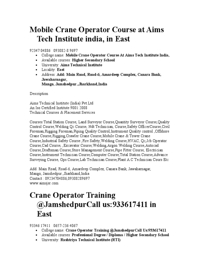Mobile Crane Operator Course at Aims Tech Institute India PDF Crane (Machine) Truck