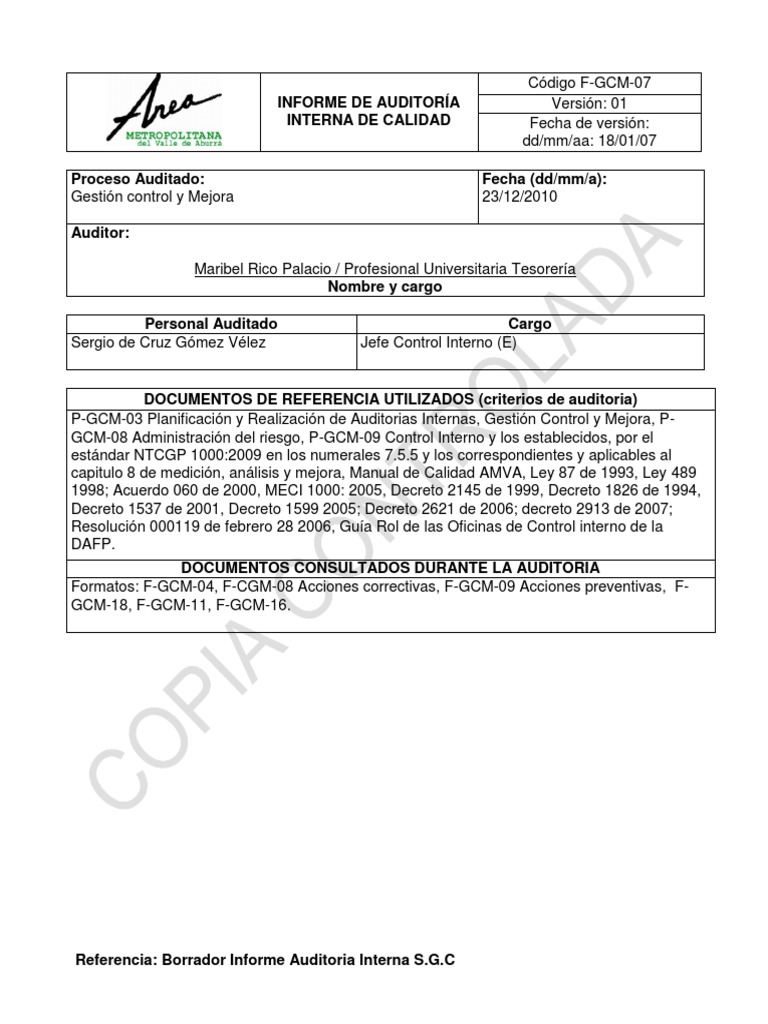 Informe de Auditoria Control Interno | PDF | Calidad (comercial ...