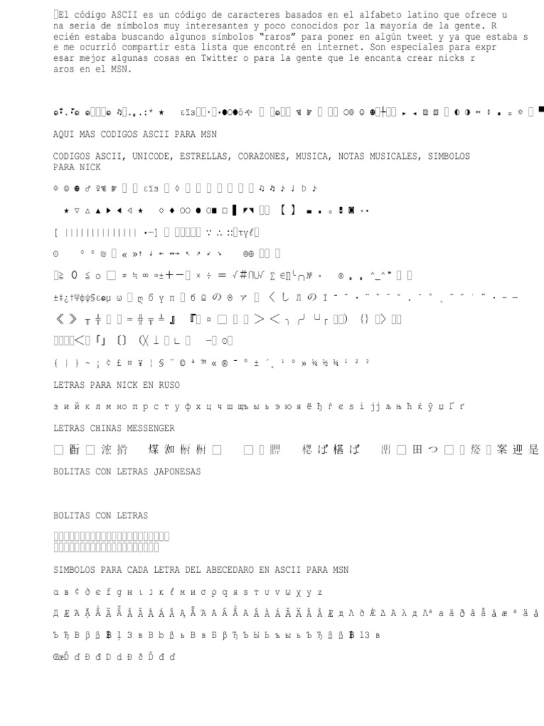 Símbolos ASCII para Nicks y Redes | PDF | Artes del Lenguaje y Comunicación