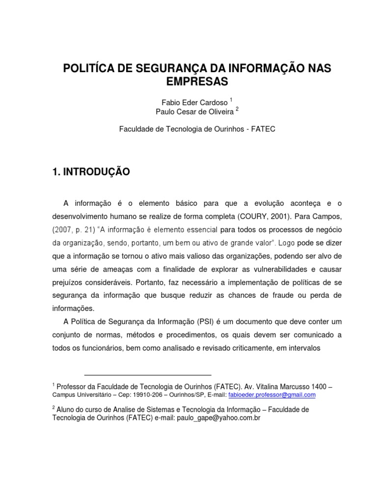 PoliticadeSegurançanasEmpresas Segurança da Informação Informação