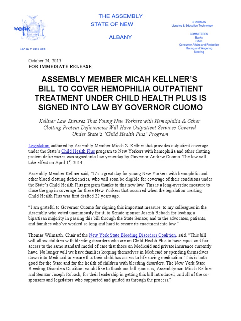 Assembly Member Micah Kellner's Bill To Cover Hemophilia Outpatient