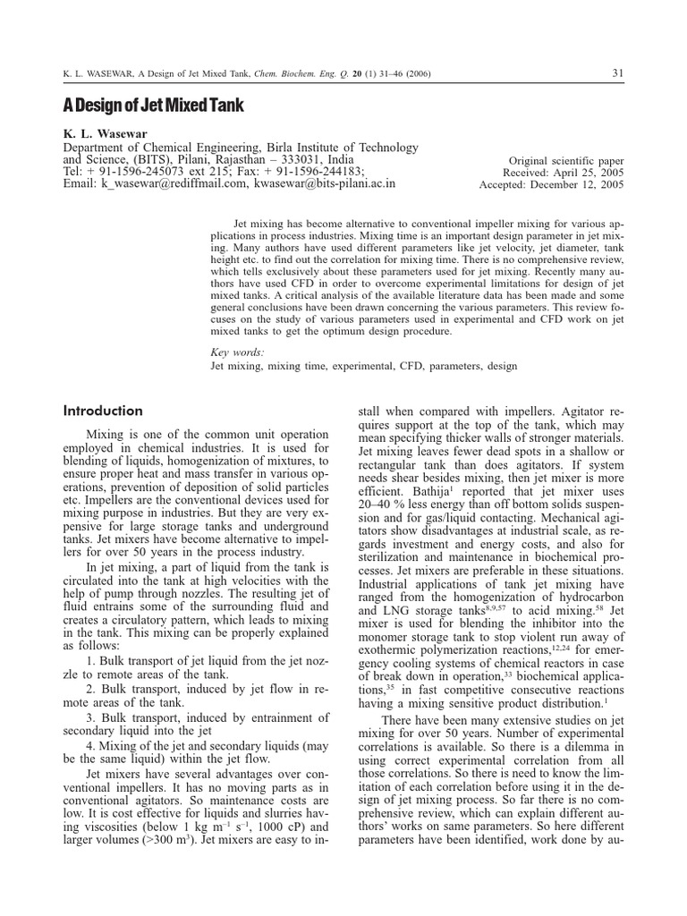 Jet Mixed Tank Design Parameters | PDF | Computational Fluid Dynamics ...