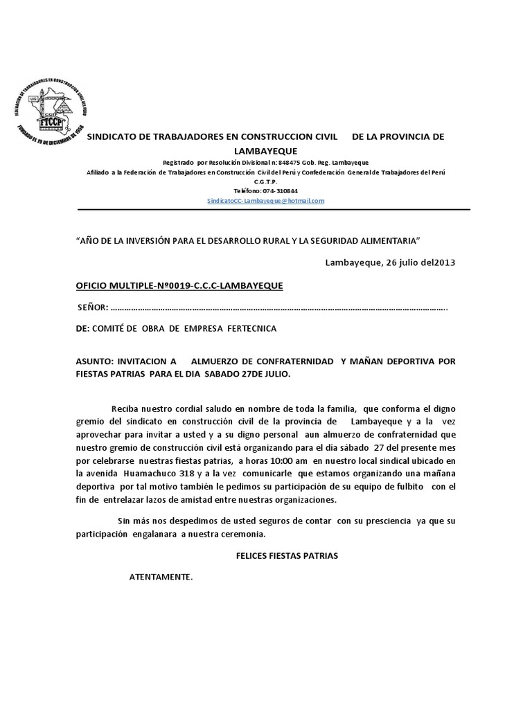 Oficio Multiple de Invitacion A Almuerzo | PDF | América del Sur |  Sindicatos