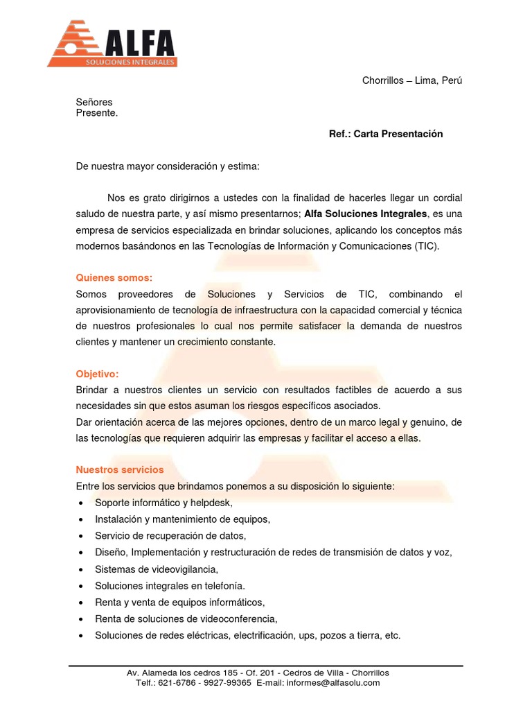 Carta de Presentacion ALFA Tecnología de información y
