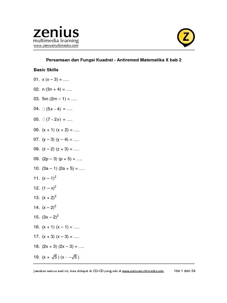 Soal Latihan Persamaan Kuadrat Kelas 9 Pdf