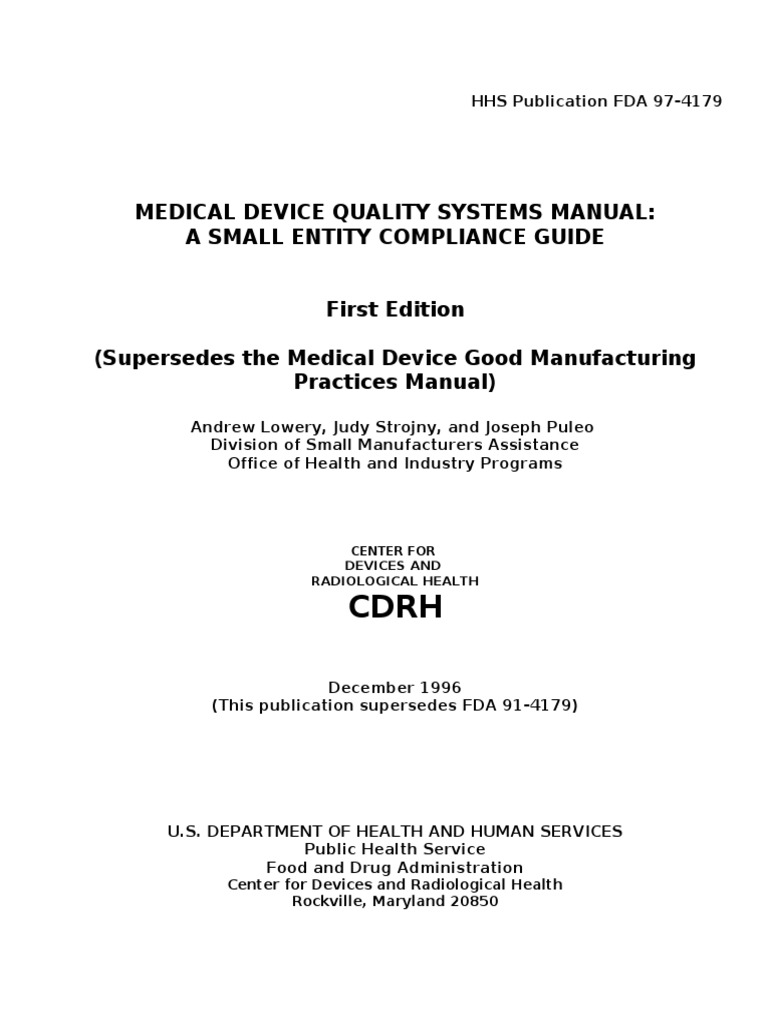 Medical Device Quality Systems Manual A Small Entity Compliance Guide PDF