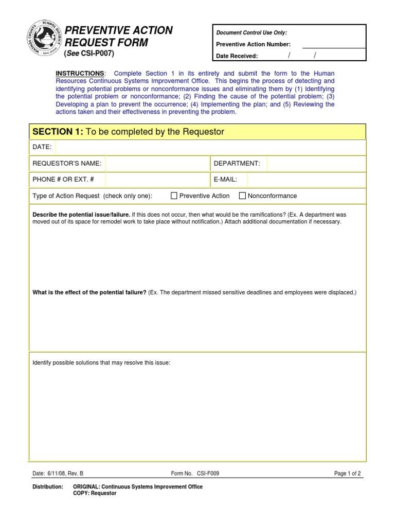 Preventive Action Request Form Guide | PDF