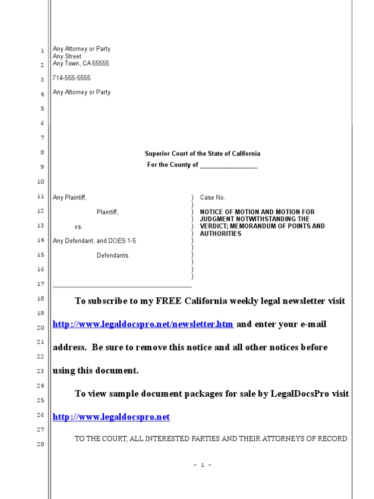 Motion for Judgment Notwithstanding Verdict | PDF | United States Law ...