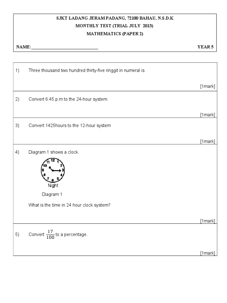 Year 5 Mathematics Monthly Test | PDF | Teaching Methods & Materials ...
