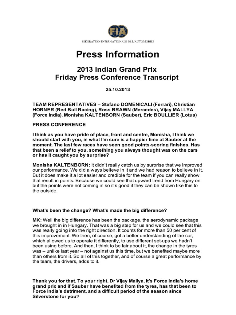 2013 Indian GP Press Conference Insights | PDF | Formula One | Motorsport