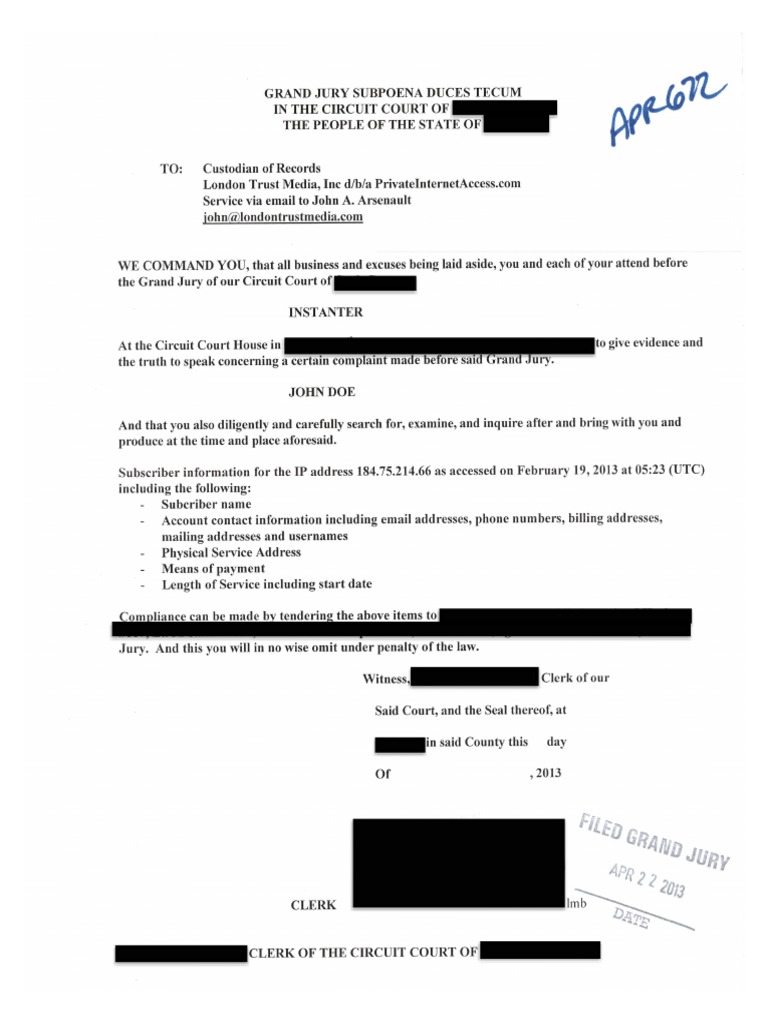 Private Access subpoena request