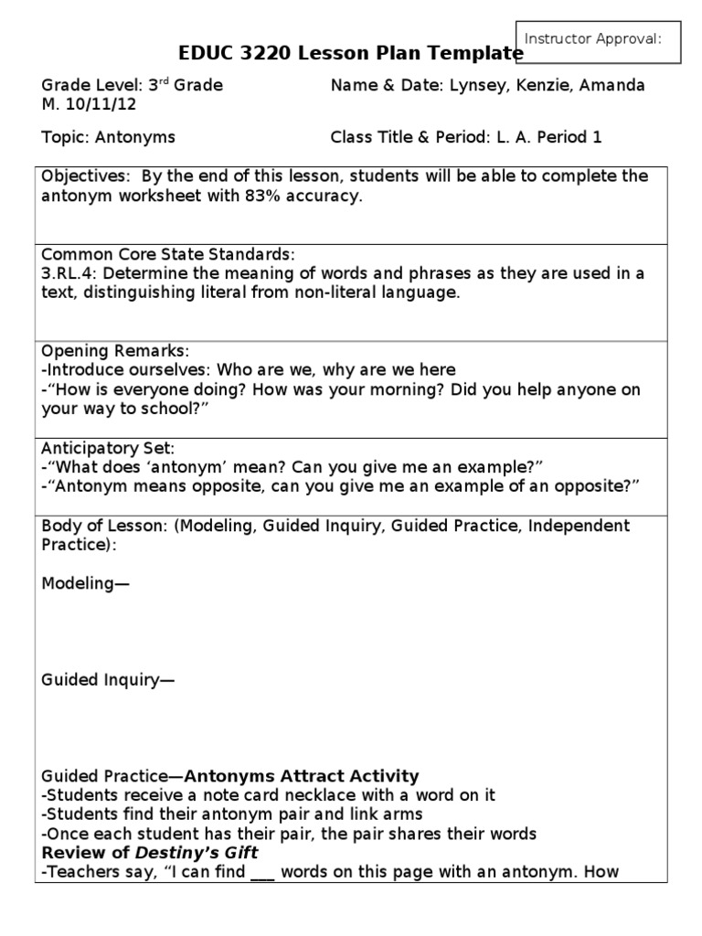 3rd Grade Antonyms Lesson Plan Template | PDF | Career & Growth