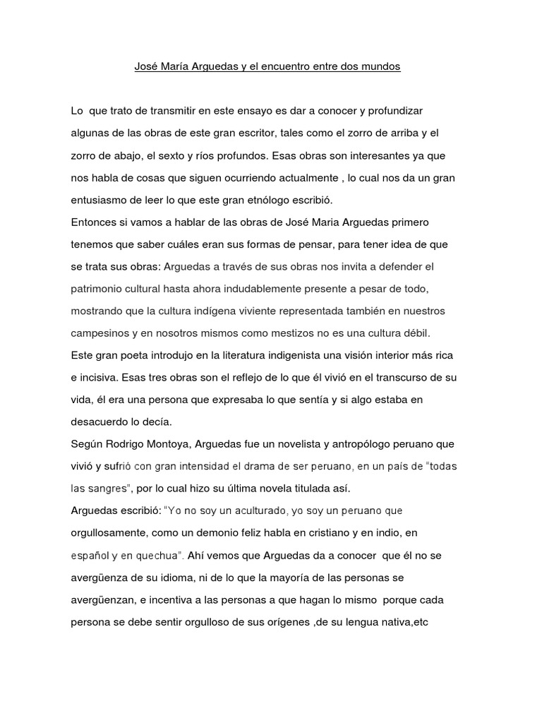 José María Arguedas y El Encuentro Entre Dos Mundos PDF Novelas