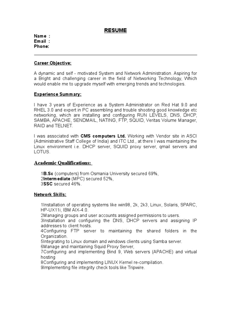 resume Linux Resume system administrator resumeoslinux linux operating system