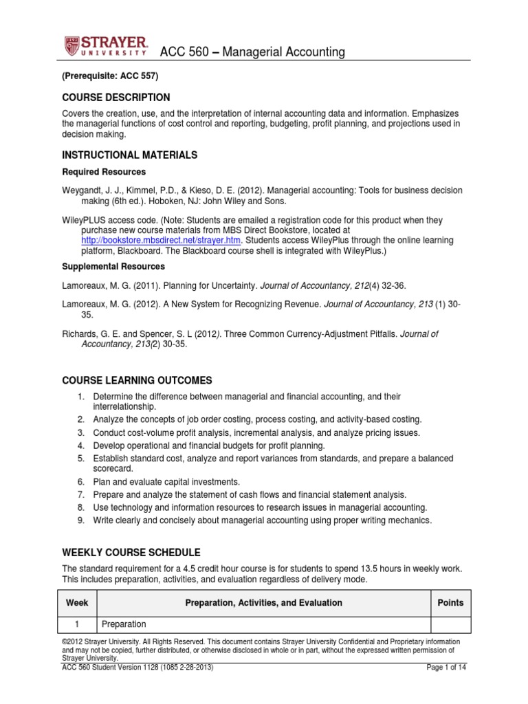 ACC560 Student Guide 1126 PDF | PDF | Management Accounting | Risk