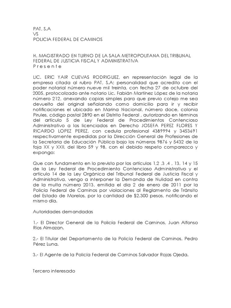 Demanda Nulidad Multa de Policía Federal