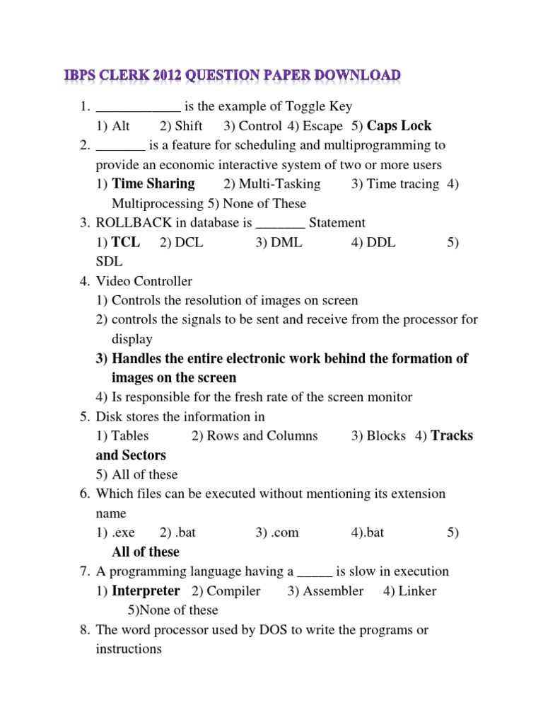 IBPS CLERK 2012 Question Paper Download | PDF | Computers