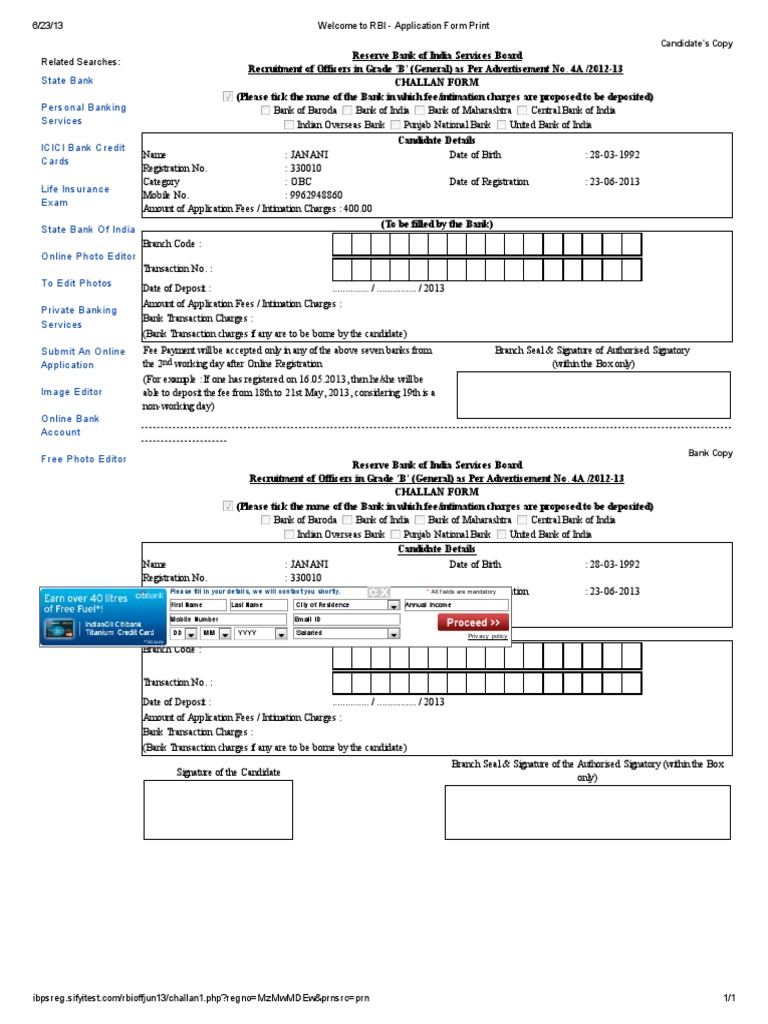 To RBI Application Form Print PDF PDF Fee Financial