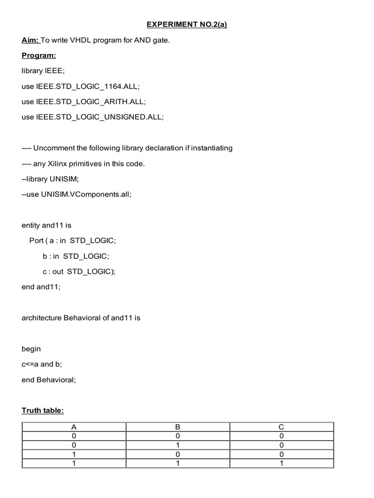 Experiment No.2 (A) Aim: To Write VHDL Program For AND Gate. Program | PDF