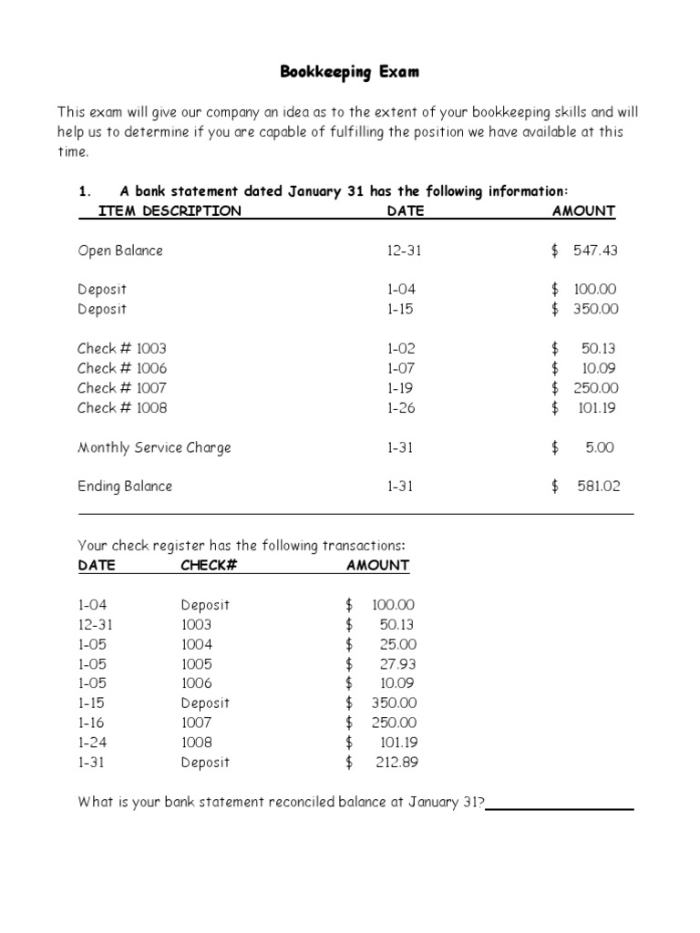 Bookkeeping Skills Assessment Exam | PDF