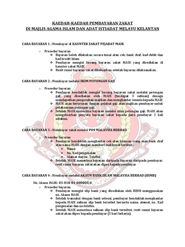 Kaedah Bayaran Zakat Di Maik Pdf Pdf