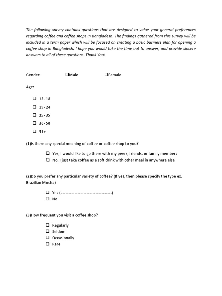 Coffee Shop Survey for Business Plan | PDF
