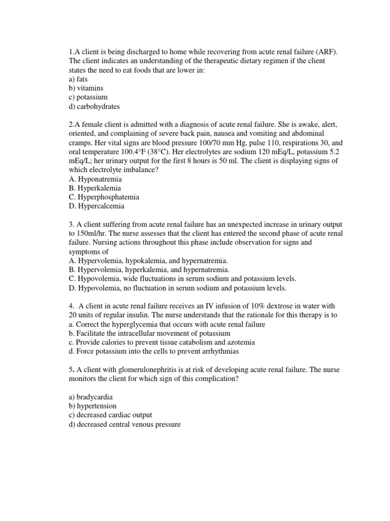 Acute Renal Failure Questions With Rationale PDF Kidney Potassium