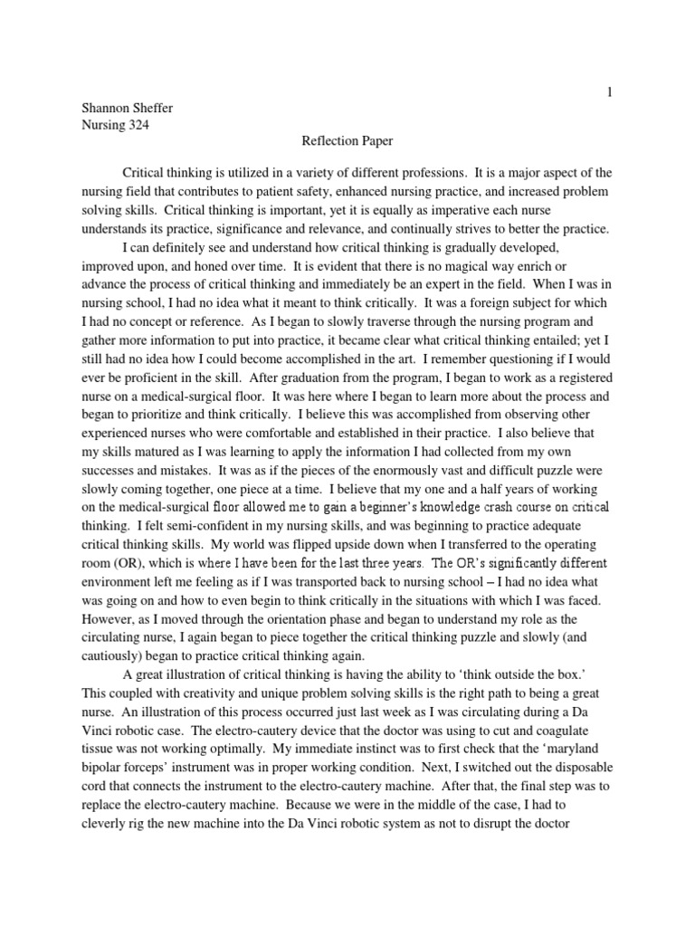 critical reflection essay example nursing