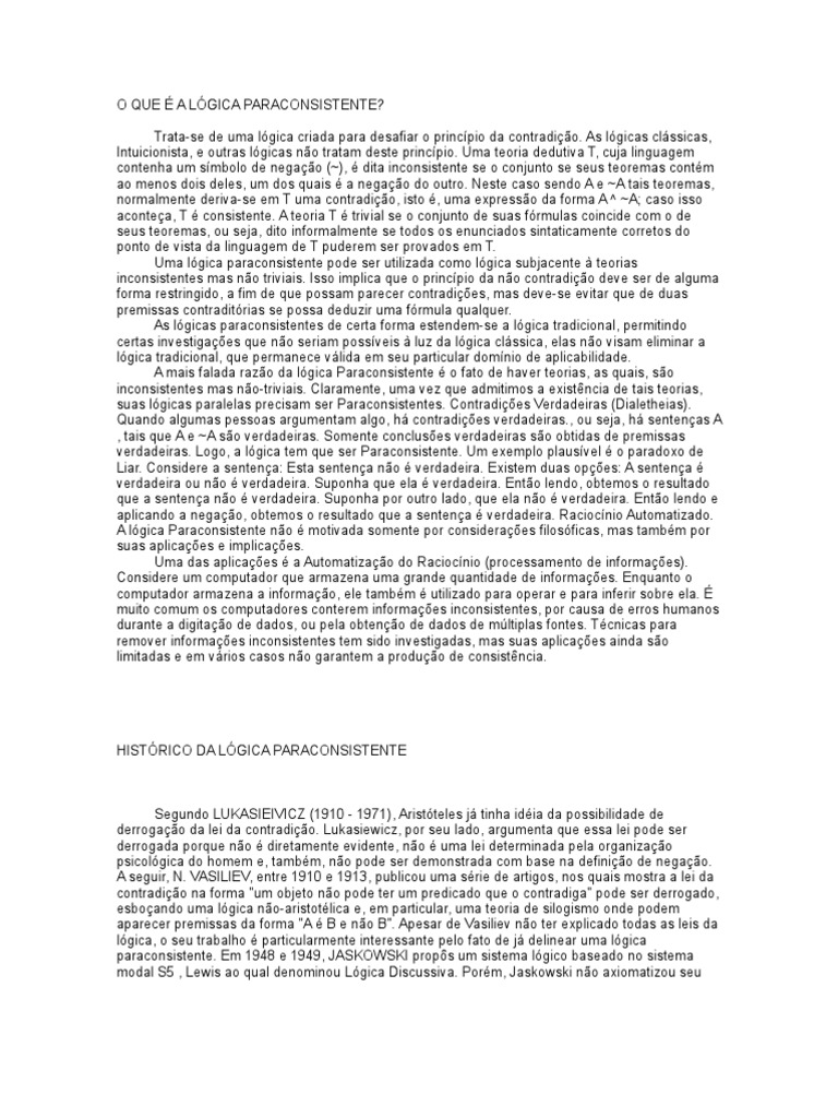 O Que É A Lógica Paraconsistente PDF Contradição Lógica