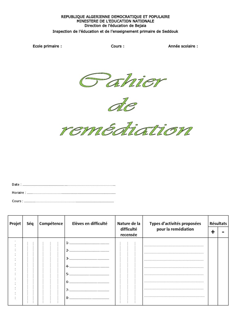 Page De Garde Cahier De Remédiation