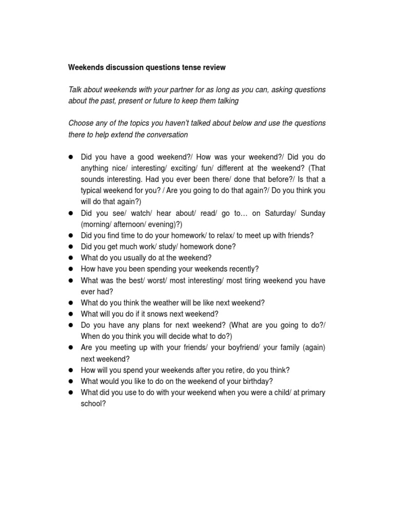 Weekend Conversation Questions & Tense Review | PDF