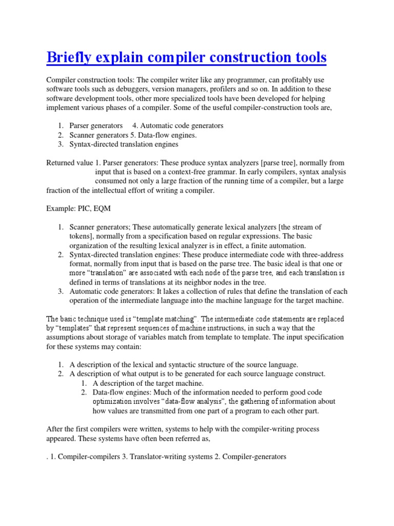 Briefly Explain Compiler Construction Tools PDF Compiler Parsing