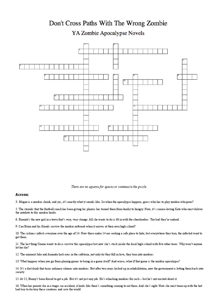 YA Zombie Apocalypse Crossword Puzzle PDF PDF Zombies Leisure