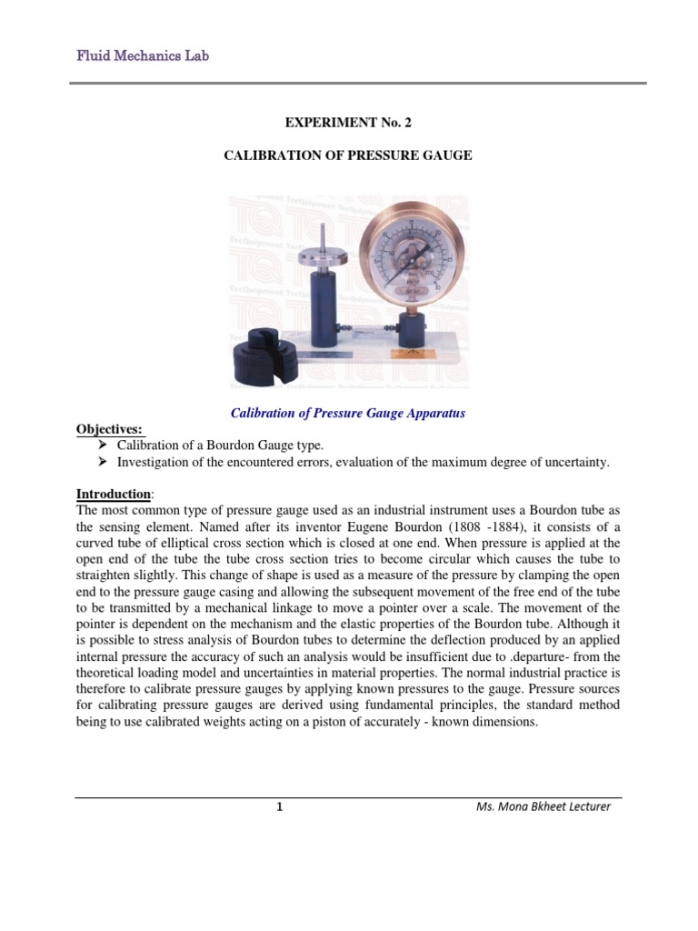Experiment 2 Calibration of Pressure Gauge2 PDF Pressure Measurement Weighing Scale