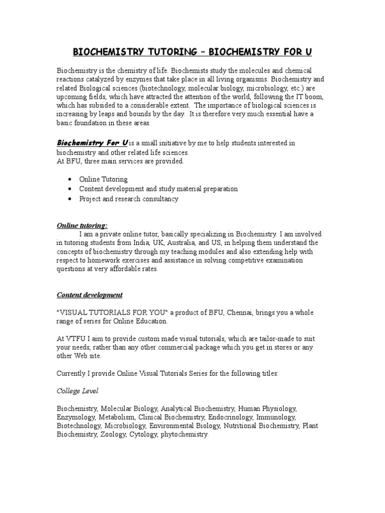 Biochemistry Tutoring - Biochemistry For U | PDF | Biochemistry | Chemistry