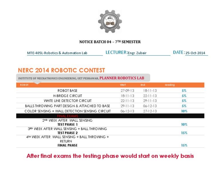 Robotics Lab Schedule & Contest Details | PDF | Technology & Engineering