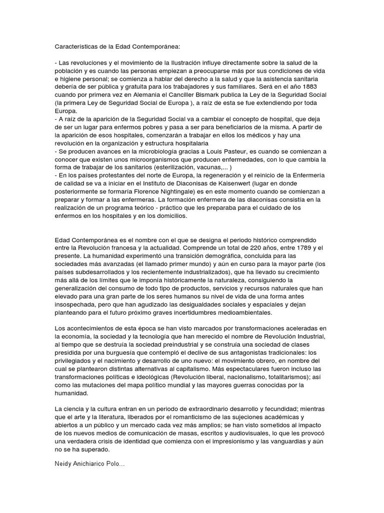 Características de la Edad Contemporánea  Enfermería 