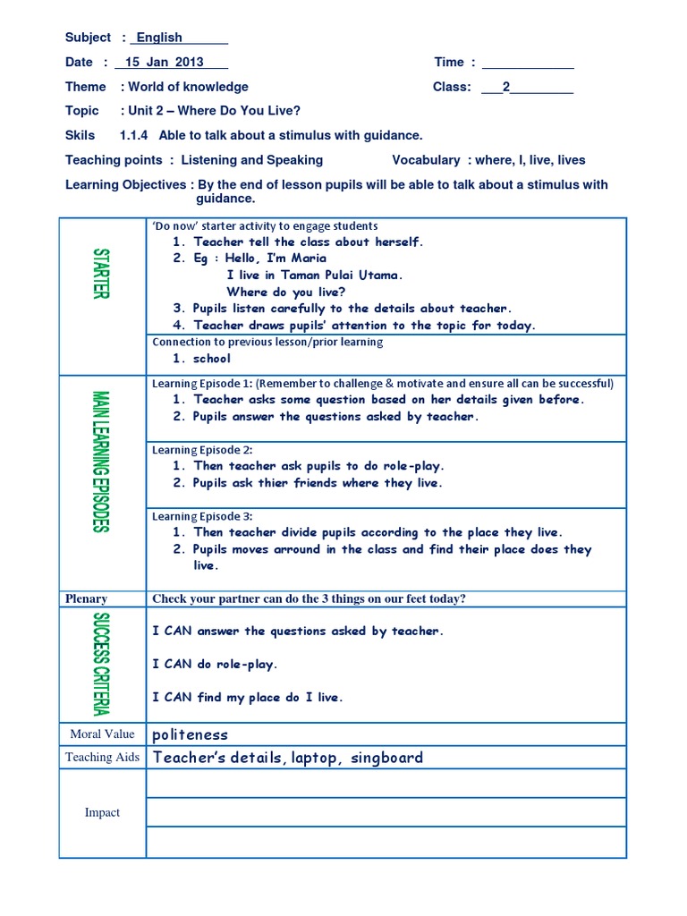 Unit 2: Where Do You Live? Lesson Plan | PDF | Career & Growth
