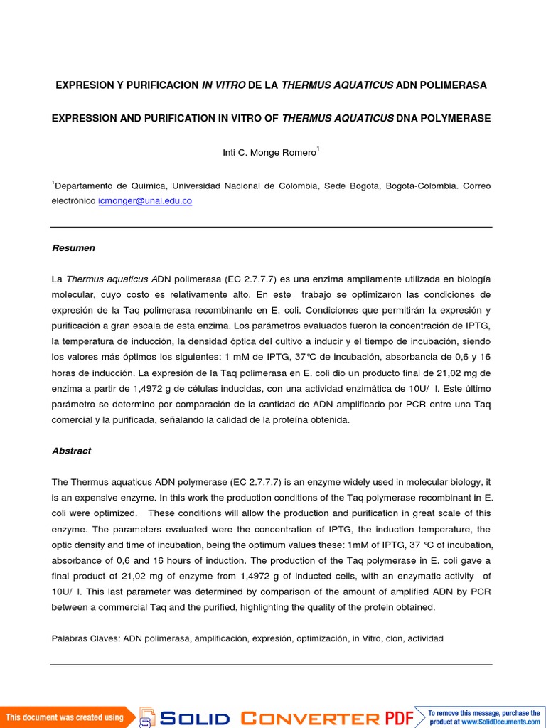 Expresion y Purificacion in Vitro de La Thermus Aquaticus Dna Polimerasa PDF Reacción en