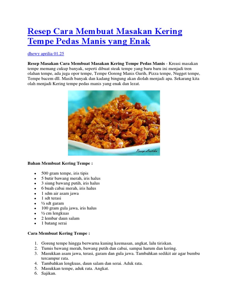 Resep Cara Membuat Masakan Kering Tempe Pedas Manis Yang Enak
