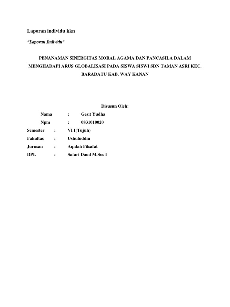 Contoh Kata Pengantar Laporan Kkn Individu Seputar Laporan