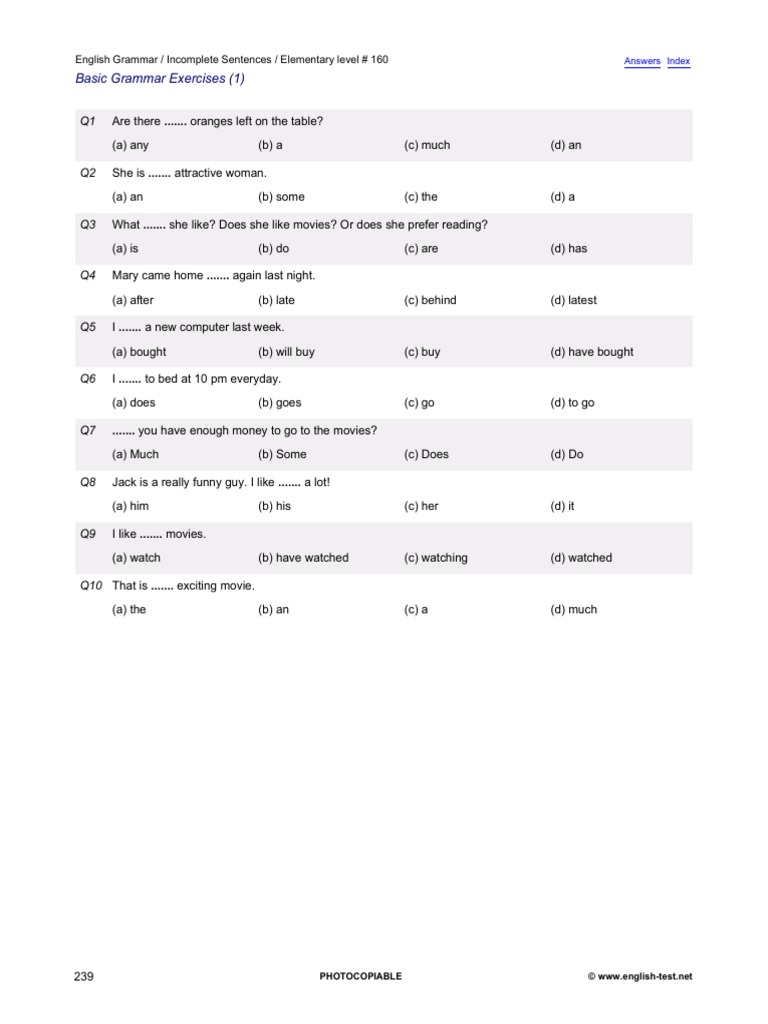 Grammar test questions and answers image
