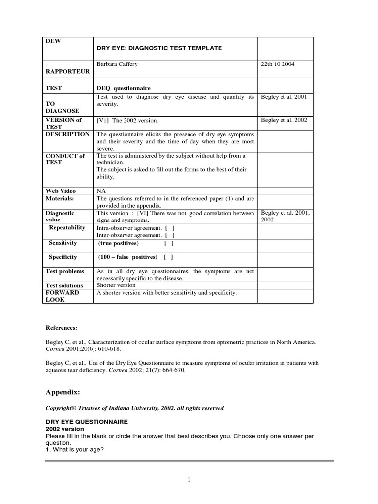 Questionnaire DEQ Questionnaire (Caffery) Contact Lens Human Eye