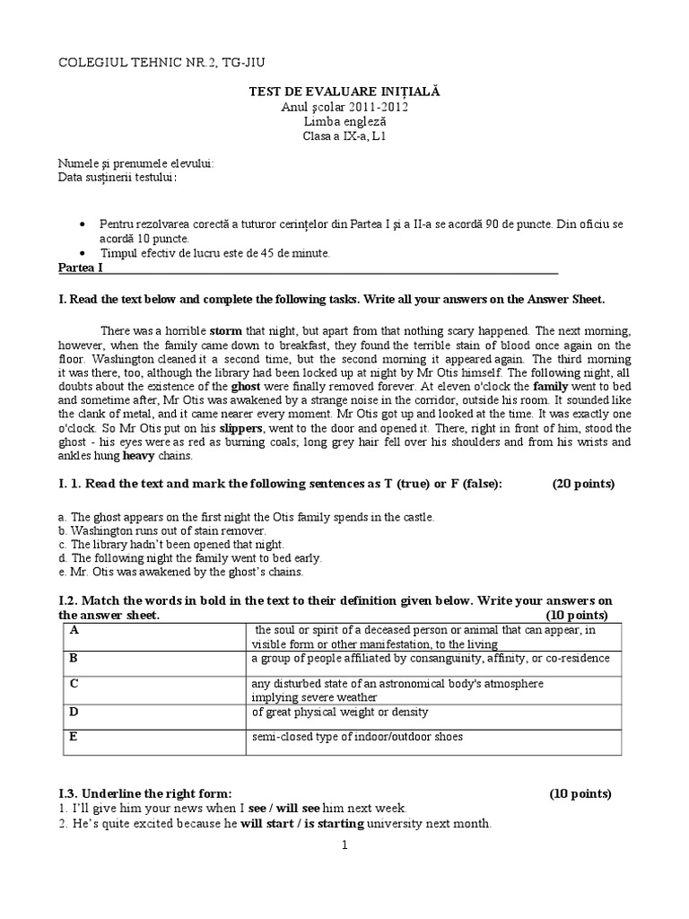 English Initial Assessment Test | PDF | Sentence (Linguistics) | Vocabulary